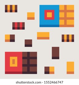 Chocolate background seamless pattern, sweets and desserts, white and black chocolate, pixel art style. Video game sprite. Isolated vector illustration. Design for logo, sticker, mobile app. 