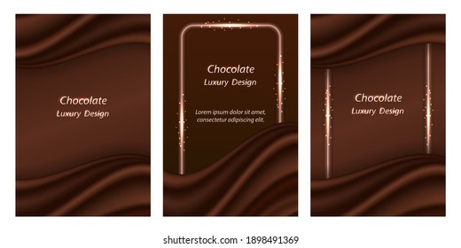 Chocolate background with silk wavy decor. Dark brown chocolate wave with realistic satin texture and glowing border lines. Luxury banner or poster design. Vector illustration