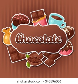 Chocolate background with various tasty sweets and candies.