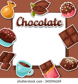 Chocolate background with various tasty sweets and candies.