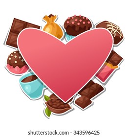 Chocolate background with various tasty sweets and candies.