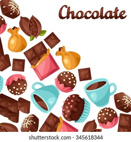 Chocolate background with various tasty sweets and candies.