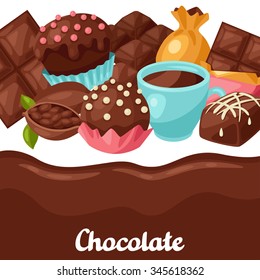 Chocolate background with various tasty sweets and candies.
