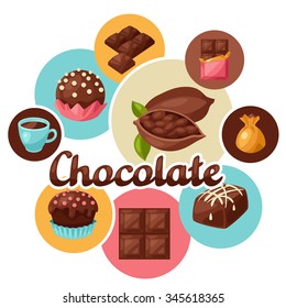 Chocolate background with various tasty sweets and candies.