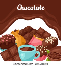Chocolate background with various tasty sweets and candies.