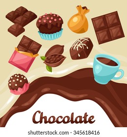 Chocolate background with various tasty sweets and candies.