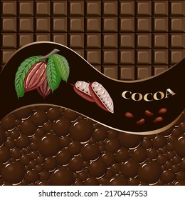 Fondos de chocolate con cacao.Ilustración de color vectorial con fondo de chocolate y granos de cacao en un marco.