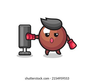 chocolate ball boxer cartoon doing training with punching bag , cute design