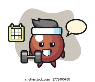 Chocolate ball cartoon doing fitness with dumbbell