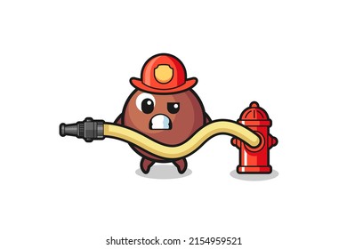 chocolate ball cartoon as firefighter mascot with water hose , cute design