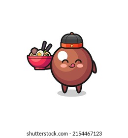 chocolate ball as Chinese chef mascot holding a noodle bowl , cute design
