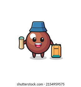 chocolate ball mascot character as hiker , cute design
