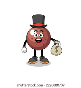 ilustración de mascota de bola de chocolate rico sosteniendo un saco de dinero , diseño de personaje