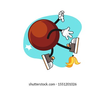 Chocolate ball slip on banana peel cartoon. Mascot Character vector.