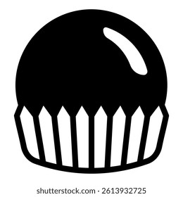Chocolate ball in wrapped cup solid icon, sweets candies concept. Vector graphics. Sweet glazed ball cupcake sign on white background, glyph style mobile or design