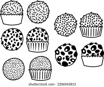 Chocolate balls with coconut, almond and candy topping in black outline style. Brigadeiro vector illustration icons.