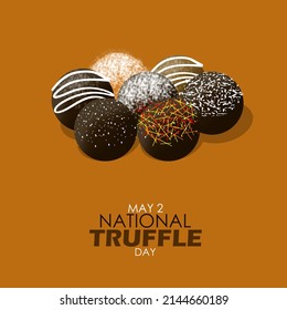 Chocolate balls with different toppings with bold texts isolated on brown background, National Truffle Day May 2