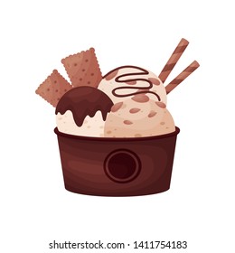 Chocolate balls ice cream in a brown cardboard bowl. Vector illustration on white background.
