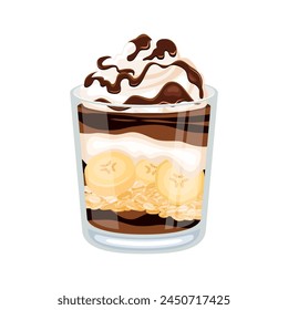 Chocolate Banana Parfait with granola vector illustration. Delicious layered chocolate creamy dessert in a glass icon isolated on a white background. Banana chocolate cake in a jar drawing