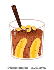 Chocolate banana smoothie in a cozy glass with creamy oatmeal and fresh fruit. Healthy eating, detox menus, and tropical dessert concepts. Flat vector illustration.
