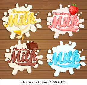 Chocolate, Banana, strawberry milk labels splash. Blot and lettering on a wooden background. Vector illustration.