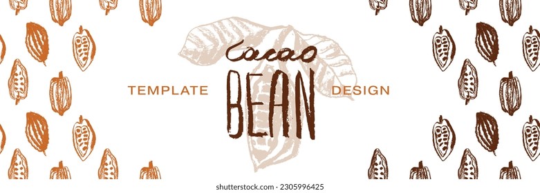 Chocolate banner template with cocoa beans pattern seamless with cacao bean hand drawn illustrations. Chocolate packaging design, cocoa powder label, organic cacao butter backdrop. Cocoa cosmetics.