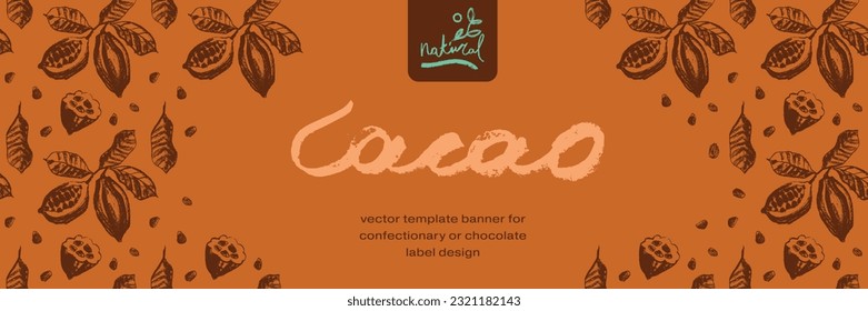 Chocolate banner template with cocoa beans pattern seamless with cacao bean hand drawn illustrations. Chocolate packaging design, cocoa powder label, organic cacao butter backdrop. Cocoa cosmetics.