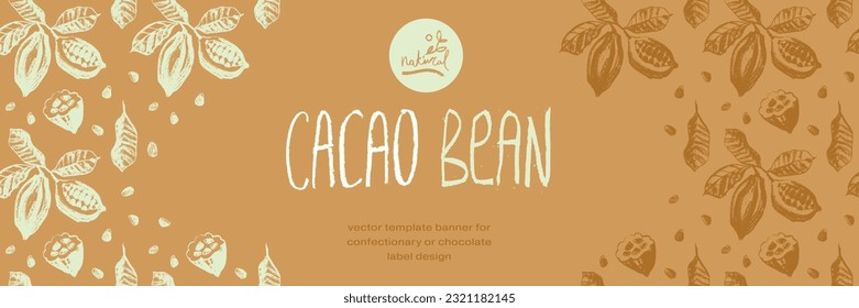 Plantilla de banner de chocolate con granos de cacao sin fisuras con ilustraciones hechas a mano de cacao. Diseño de envases de chocolate, etiqueta en polvo de cacao, fondo de mantequilla de cacao orgánica. Cosméticos de cacao.