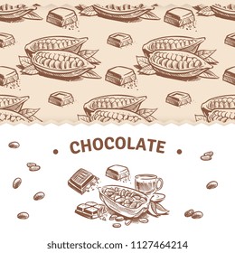 Chocolate banner template with sweet seamless pattern and sketched cocoa beans and chocolate bars. Vector illustration