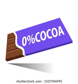 chocolate bar with 0% cocoa inscription, vector illustration