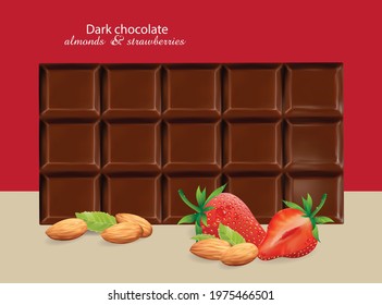 Chocolate bar, almonds and strawberries on a red background. Vector drawing of a set of confectionery ingredients with lettering. 