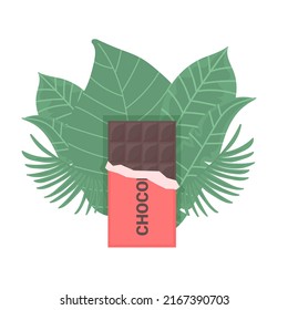 Chocolate bar among green leaves. Opened wrap of chocolate. Isolated on white background vector illustration in flat style.