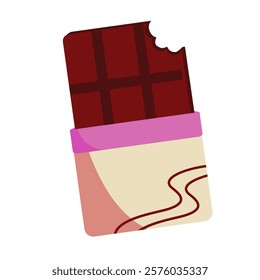 Chocolate Bar Bite: A single, partially eaten chocolate bar with a pink wrapper, isolated against a clean backdrop. This close-up, cartoon-style illustration evokes a delicious and tempting treat.