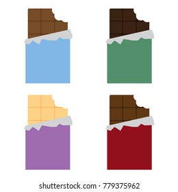 Chocolate bar bitten dessert open vector icon set color, white chocolate, dark chocolate