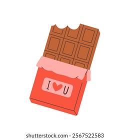 Chocolate bar with bitten off piece. Sweet chocolate candy food, cocoa sugar dessert. Delicious confectionery. Vector illustration in flat style