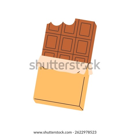 Chocolate bar with bitten off piece. Sweet chocolate, cocoa sugar dessert. World Chocolate Day. Vector illustration in flat style