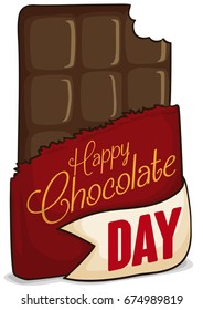 Chocolate bar bitten with red envelope and greeting ribbon celebrating a delicious Chocolate Day.