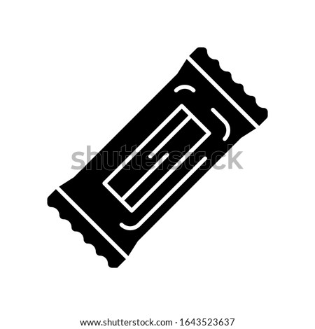 Chocolate bar black glyph icon. Protein snack package. Wrapped candy, sweet nourishment. Takeaway food pack. Sugar sachet, packet. Silhouette symbol on white space. Vector isolated illustration