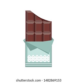 Chocolate bar broken in unpacked packaging. Vector illustration on an isolated background.