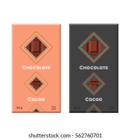 Chocolate bar. Cacao label package. Sweet milky product. Flat vector style.