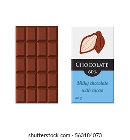 Chocolate bar. Cacao label package. Sweet milky product. Flat vector style.