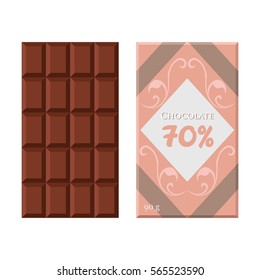 Chocolate bar. Cacao label package. Sweet milky product. Flat vector style.