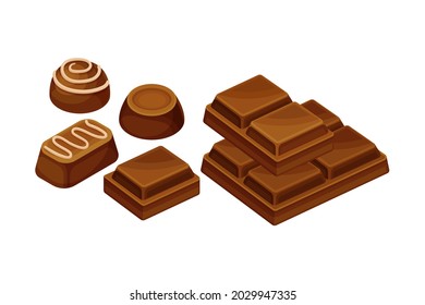 Chocolate Bar or Candy Bar and Praline as Solid Confection Vector Illustration