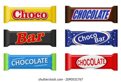 Chocolate bar of candy bar set isolated on white background. Sweets snacks bars packages templates. Dessert food vector illustration