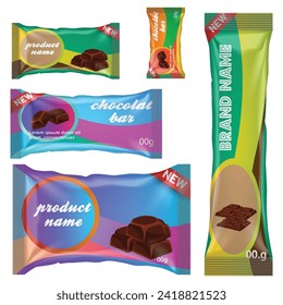 Chocolate bar of candy bar set isolated on white background. Sweets snacks bars packages templates.