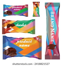 Chocolate bar of candy bar set isolated on white background. Sweets snacks bars packages templates.
