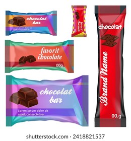 Chocolate bar of candy bar set isolated on white background. Sweets snacks bars packages templates.