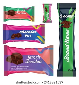 Chocolate bar of candy bar set isolated on white background. Sweets snacks bars packages templates.