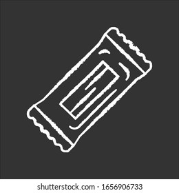 Chocolate bar chalk white icon on black background. Protein snack package. Wrapped candy, sweet nourishment. Takeaway food pack. Sugar sachet, packet. Isolated vector chalkboard illustration