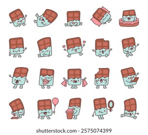 Chocolate bar character set with smiling emotions and different poses for dessert lovers featuring hearts, balloon, laptop, mirror, takeaway cup and snack treats